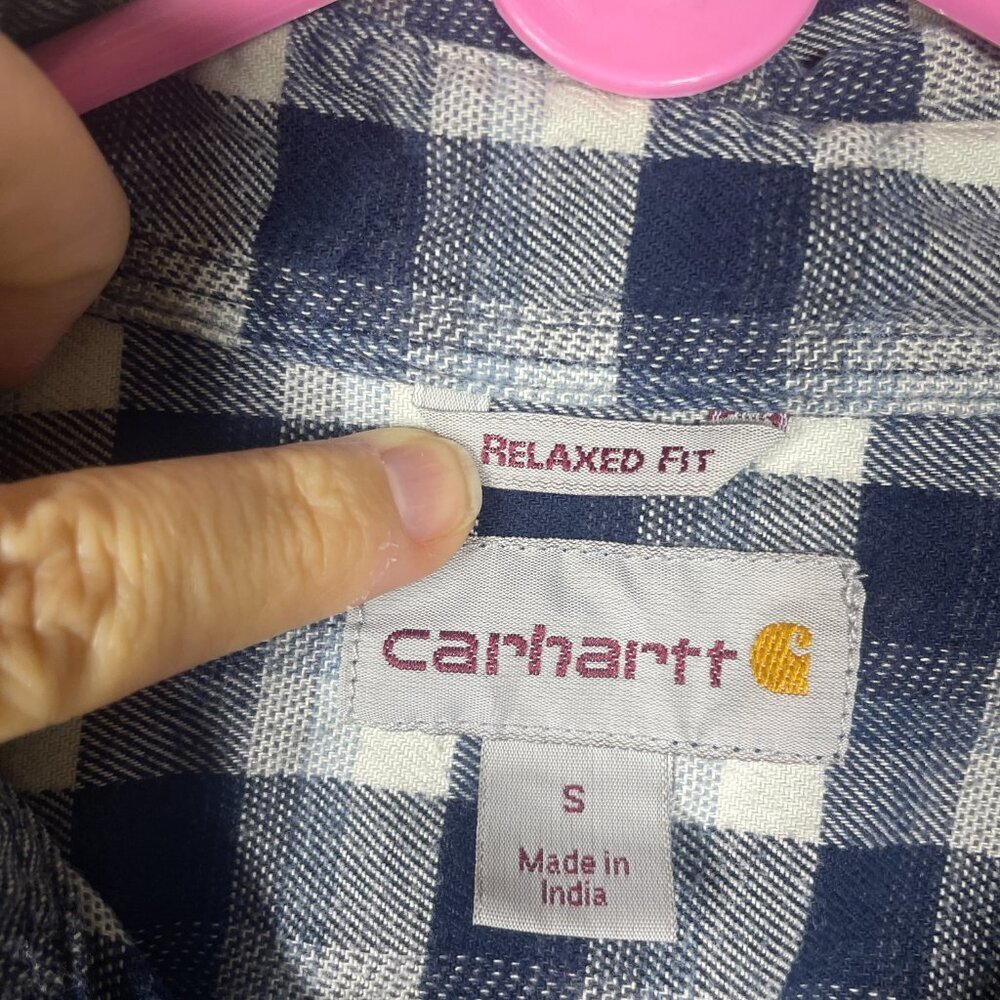Carhartt Casual Button-Down Flannel Shirt Men's Navy White S Cotton Relaxed Fit! - Picture 3 of 5